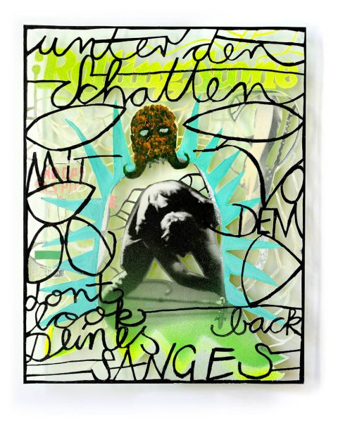 Jörg-Mandernach,-„The-ClashOrpheus---Deines-Sanges-–-Rolling-Stone“,-2017,-Malerei-über-Magazincover,-Papierschnitt,-45-cm-x-35-cm,-Foto-Jörg-Mandernach,-©-VG-Bild-Kunst,-Bonn-20242025